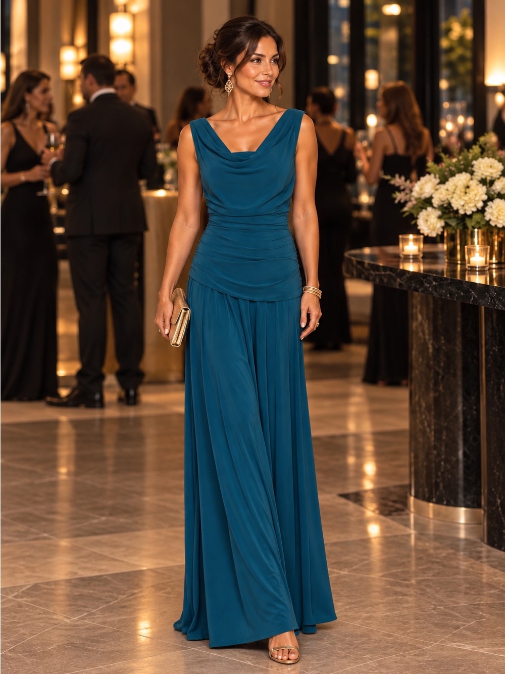 NW Night Way Collections Women's Teal Draped Cowl Ruched Maxi Evening Dress 8